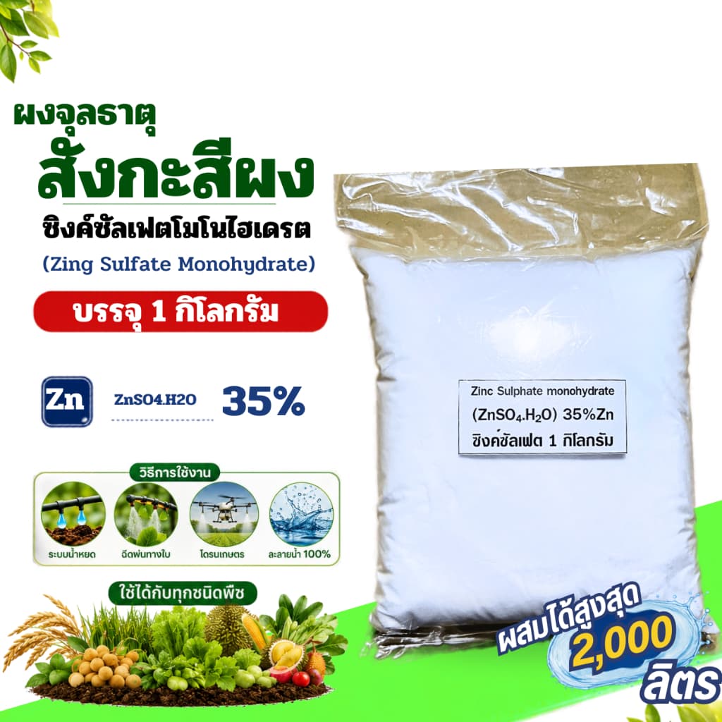 ซิงค์ซัลเฟต Zn 35% ZnSO4.H2O สังกะสีซัลเฟต Zinc Sulphate monohydrate ผง บรรจุ 1 กิโลกรัม. รูปที่ 1