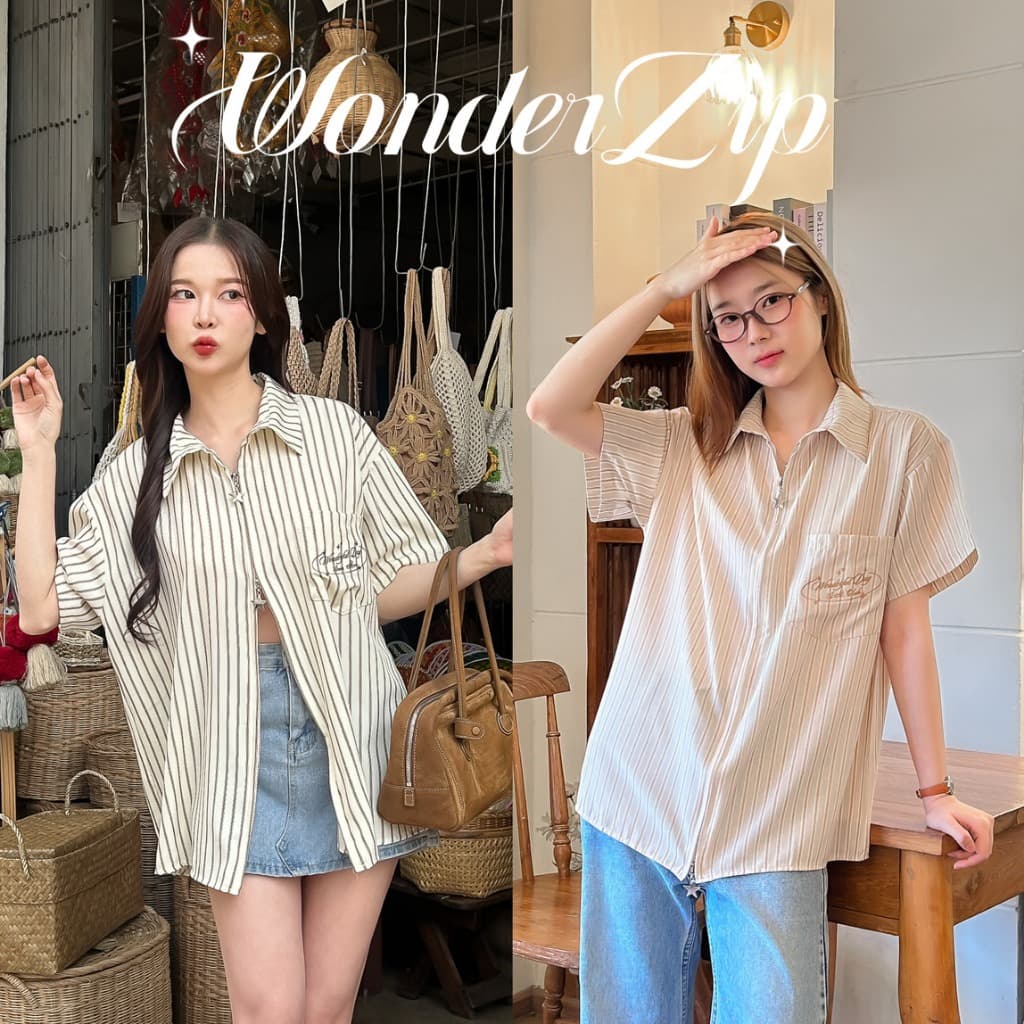 WONDERFUL ZIPby A.M CLUB เสื้อเชิ้ตซิปดาวและซิปหัวใจ ปักWONDERFULDAY ทรงโอเวอร์ไซส์ ใส่สบาย รูปที่ 1