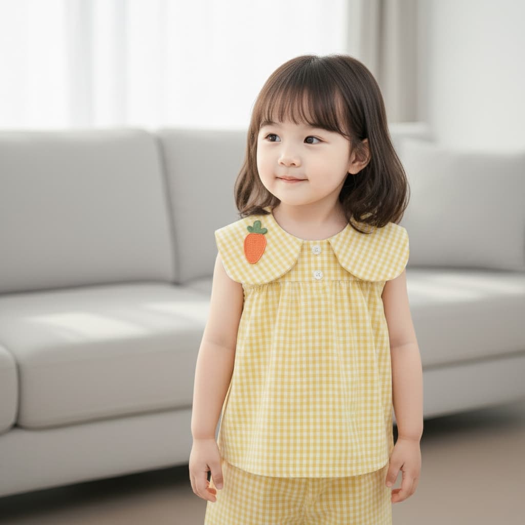 Babyonline I2 ชุดเซ็ต2ชิ้นเสื้อกางเกงขาสั้นสำหรับเด็กผู้หญิงลายสก็อต ผ้าฝ้าย รูปที่ 4
