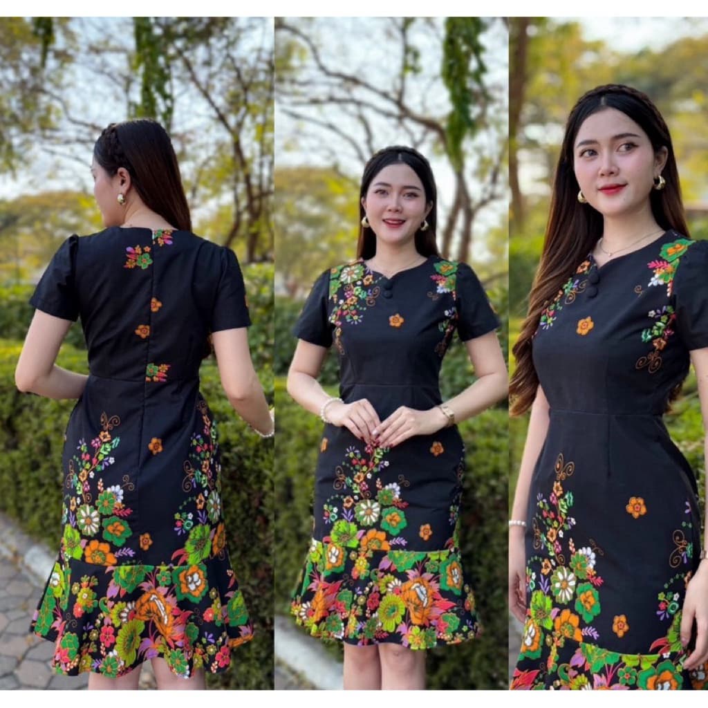 ชุดผ้าทออัดกาว เดรสสีดำ ชุดสีดำ ชุดเดรสสีดำ ชุดดำ ผ้าทอ ผ้าฝ้าย อัดกาวทั้งชุด ทรงตรง เข้ารูป รูปที่ 3