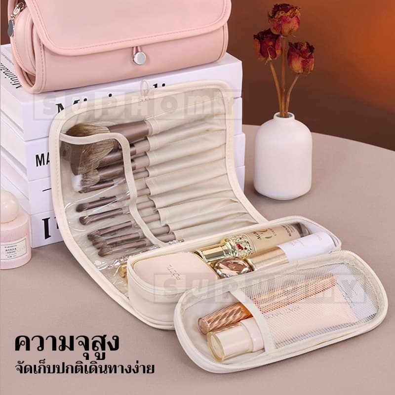 กระเป๋าแปรงแต่งหน้า เครื่องสำอางความจุขนาดใหญ่มัลติฟังก์ชั่นหนัง PU กันน้ำใส่แบบพับได้ม้วนเก็บของแบบพกพาสำหรับเดินทาง รูปที่ 2