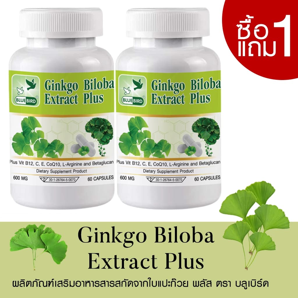 สารสกัดจากใบแปะก๊วย พลัส Ginkgo Biloba Extract Plus ตรา บลูเบิร์ด ขนาด 600 มก. 60 แคปซูล รูปที่ 1