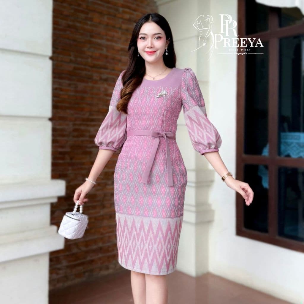 PR159 เดรสผ้าฝ้ายทอลาย ยกแขน อัดกาวทั้งชุด แบรนด์ preeya มีไซส์S-2XL ชุดไทย ชุดผ้าไทย รูปที่ 2