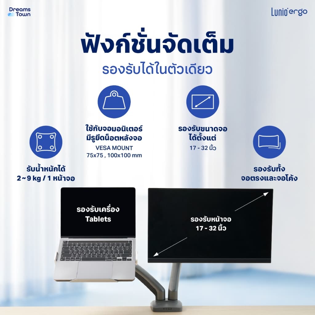 Lunio Ergo Cybot Monitor Arm แขนจับจอ ขาตั้งจอ หมุนได้360° ช่วยปรับท่านั่ง ลดอาการปวดคอบ่าไหล่ เพิ่มจำนวนจอคอม รูปที่ 2