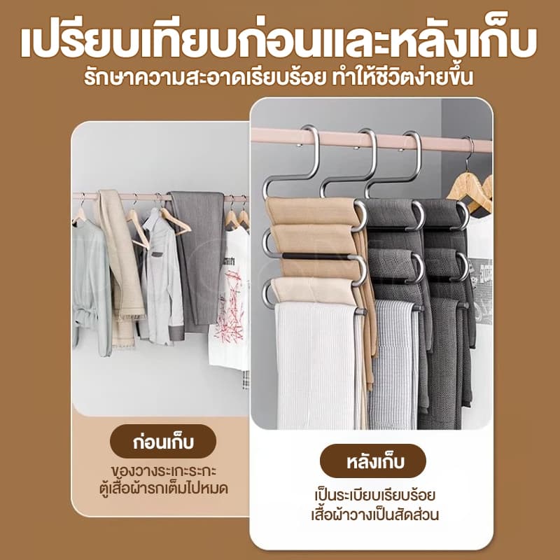 ไม้แขวนกางเกง 5ช่อง สแตนเลสคุณภาพดี ที่แขวนกางเกง แข็งแรง แขวนแนวตั้งและแนวนอนได้ ประหยัดพื้นที่ใช้งานPants Hanger รูปที่ 3