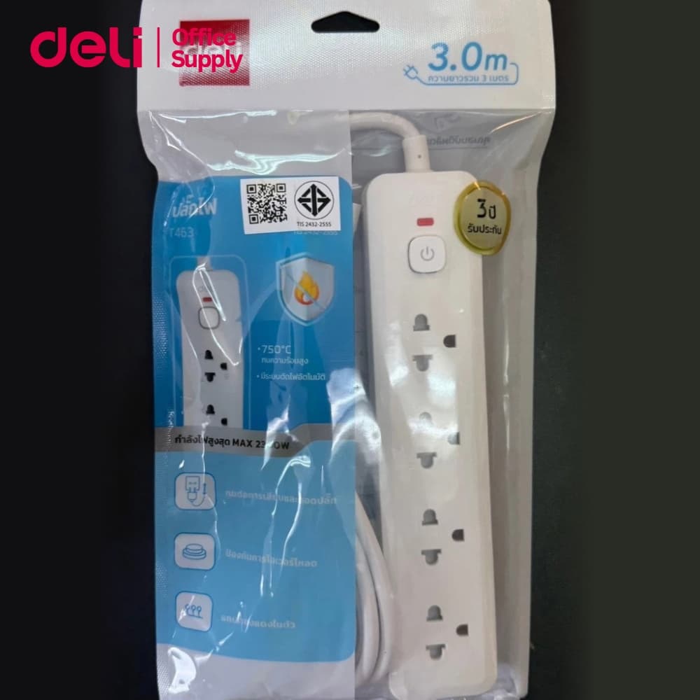 Deli ปลั๊กพ่วง ปลั๊กสามตา 3USB สายไฟยาว3M/5M ประกัน3ปี มีมอก. กำลังไฟ 2300W Power socket รูปที่ 5
