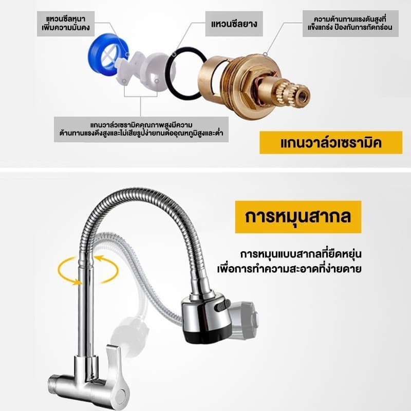 ก๊อกน้ำ ก๊อกน้ำซิงค์ ก๊อกน้ำอ่างล้างจานหมุนได้ 360 เมี่ยม ระดับก๊อกน้ำอเนกประสงค์ ก็อกสแตนเลส รูปที่ 6
