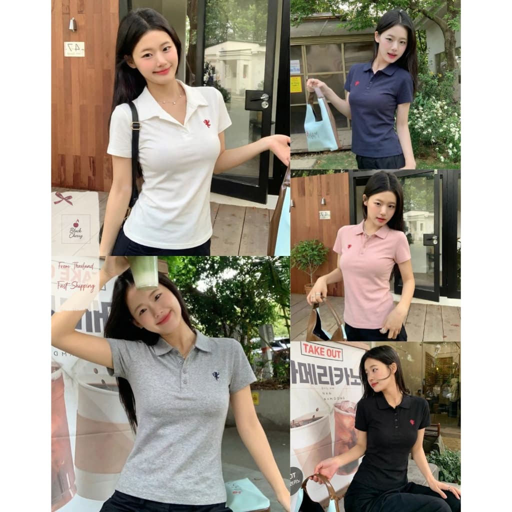 เสื้อยืดผู้หญิง คอปก แขนสั้น กระดุมหน้า ผ้านิ่ม ใส่สบาย ลุคมินิมอล เรียบหรู ทุกวัน | Black Cherry รูปที่ 1