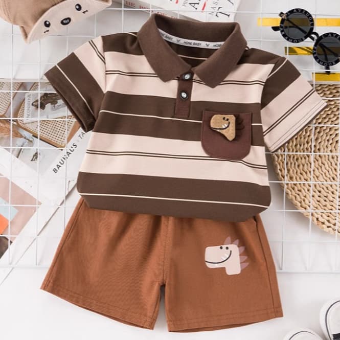 Babyonline 2K5 ชุดเซ็ตเสื้อคอปกกางเกงขาสั้นสุดเท่สำหรับเด็กผู้ชาย ผ้านิ่ม ระบายอากาศได้ดี รูปที่ 4