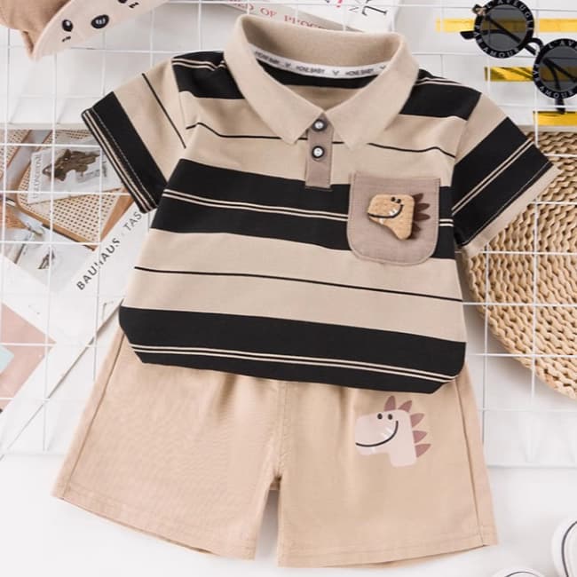 Babyonline 2K5 ชุดเซ็ตเสื้อคอปกกางเกงขาสั้นสุดเท่สำหรับเด็กผู้ชาย ผ้านิ่ม ระบายอากาศได้ดี รูปที่ 5