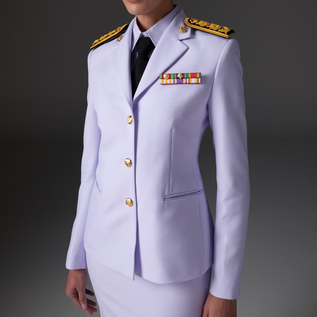 ชุดปกติขาว ทรงสมัย เสื้อคอแบะ ชุดปกติขาวหญิง ผ้าวาเลนติโน่ รูปที่ 6