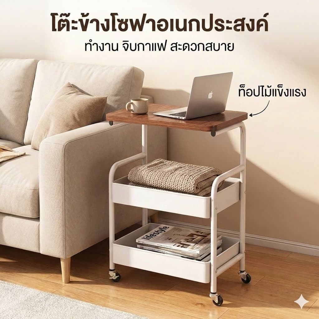 Esshelf 42*77*28cm โต๊ะข้างเตียง โต๊ะข้างโซฟา2ชั้น โต๊ะกาแฟ+ชั้นวางของ 4มีล้อเคลื่อนย้ายสะดวก รูปที่ 3