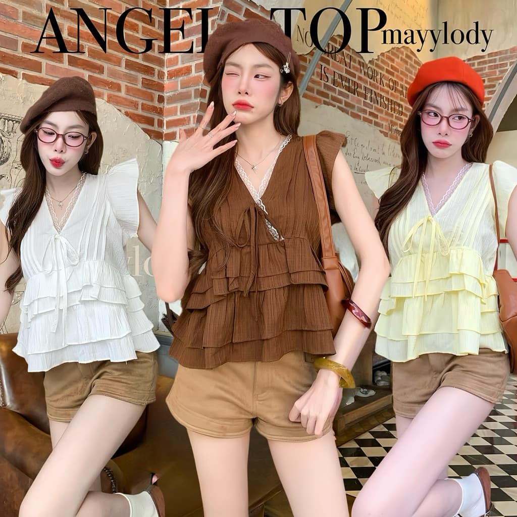 💓mayylody💓 ANGEL TOP ครอปท็อป เเต่งระบายลูกไม้ ระบายชั้นๆรอบตัว ลุคสวยแพงมากก 🌷🪞🌤️🍃 เสื้อครอป ครอป สไตล์เกาหลี สุดฮิต