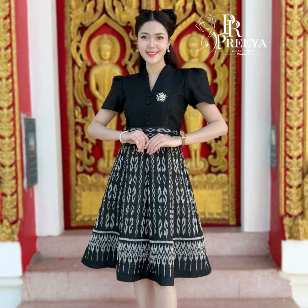 PR170 เดรสผ้าฝ้ายทอลาย อัดกาวทั้งชุด คัตติ้งเนี๊ยบ มีไซส์S-2XL แบรนด์ preeya ชุดไทย รูปที่ 4