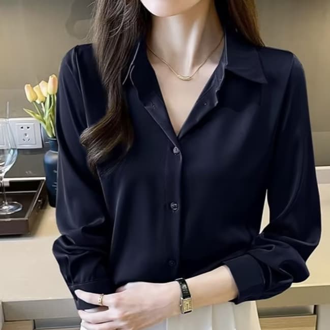 ผู้หญิง สีทึบแขนยาวเสื้อเชิ้ต สไตล์เกาหลี ทรงหลวม พื้นฐาน เรียบง่าย เสื้อ รูปที่ 3