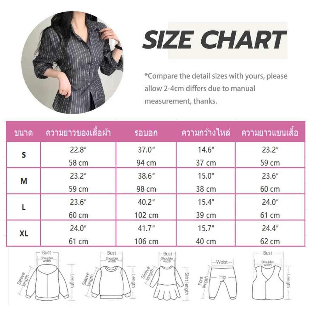Chili#เสื้อเชิ้ตผู้หญิงลายทาง ทรงเข้ารูป กระดุมแถวเดียว แขนยาว คอวี ดีไซน์ทันสมัยและใช้งานได้หลากหลาย#99301 รูปที่ 2