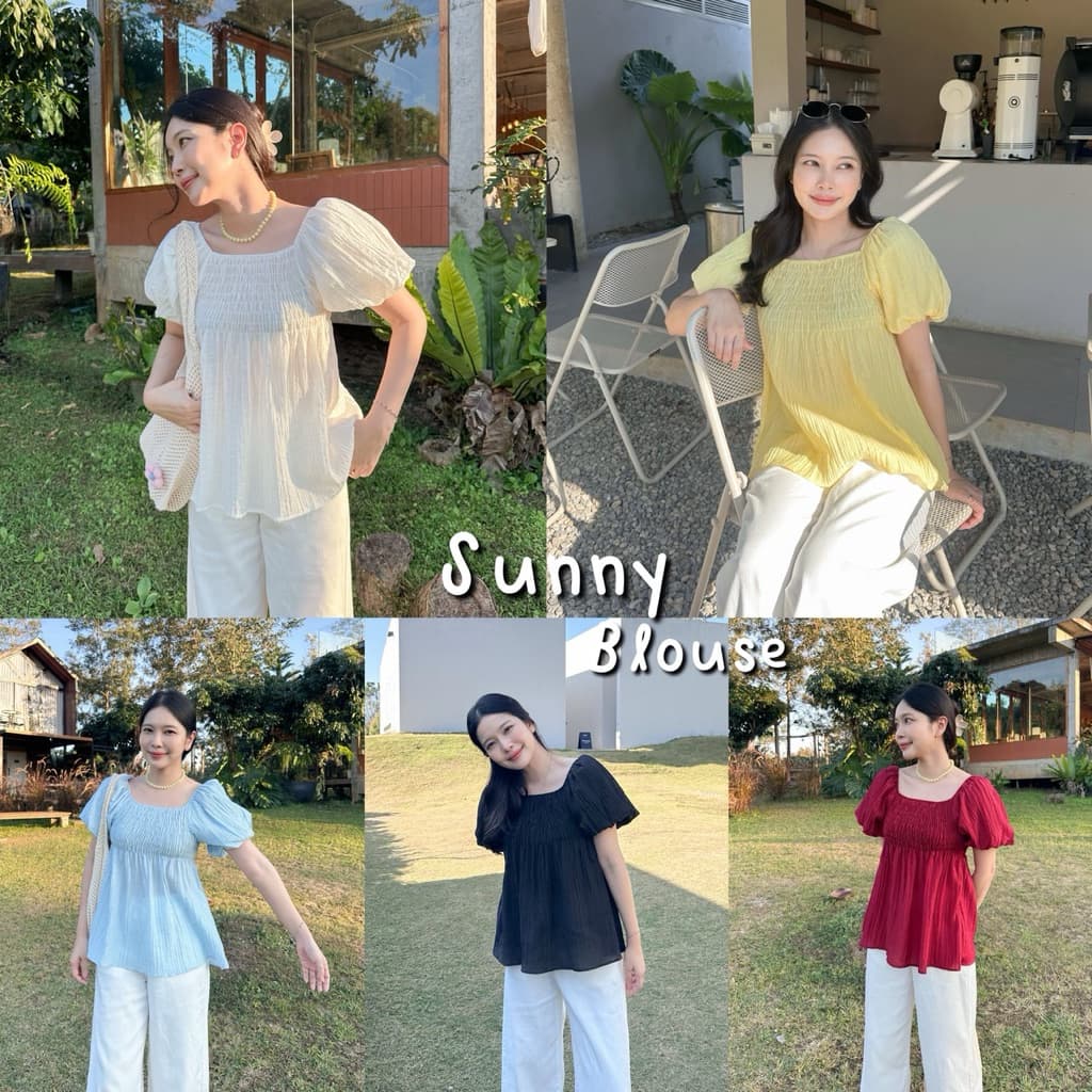 SUNNY BLOUSE เสื้อคอเหลี่ยมแขนพองทรงบอลลูน สม็อคช่วงอก ยืดได้เยอะ ผ้าฝ้ายผสมอัดยับย่น รูปที่ 1
