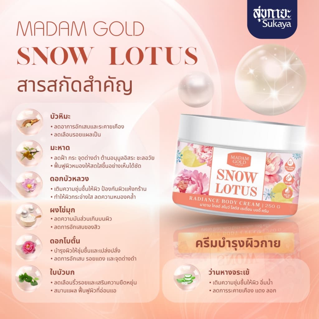 Madam Gold ครีมทาตัวบัวหิมะพีโอนี ขนาด 250 ml จบปัญหาผิวแห้งกร้าน ขาลาย ขนคุด ผิวสวย รูปที่ 3