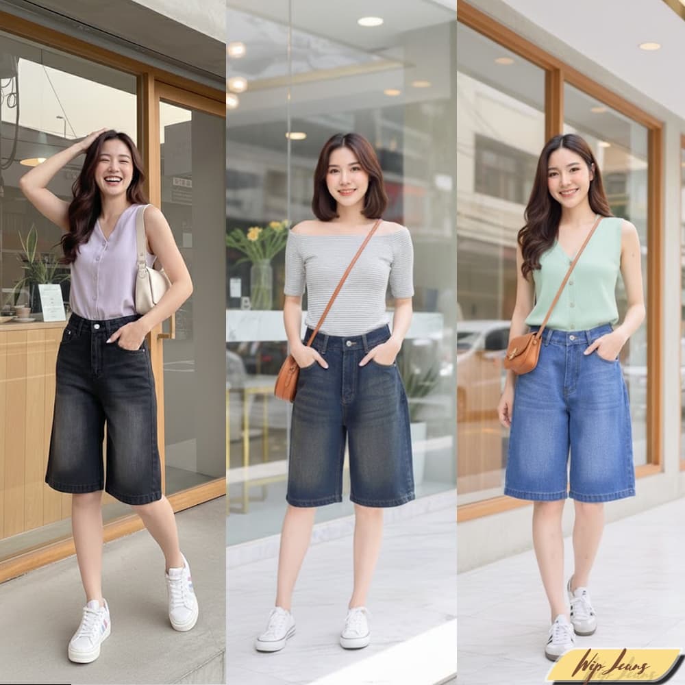 กางเกงยีนส์ขาสั้นทรงบอยยาวเหนือเข่าเอวสูงทรงเป๊ะไซส์ S-3XL ใส่แมตช์ง่ายได้ทุกลุค TK4 รูปที่ 1