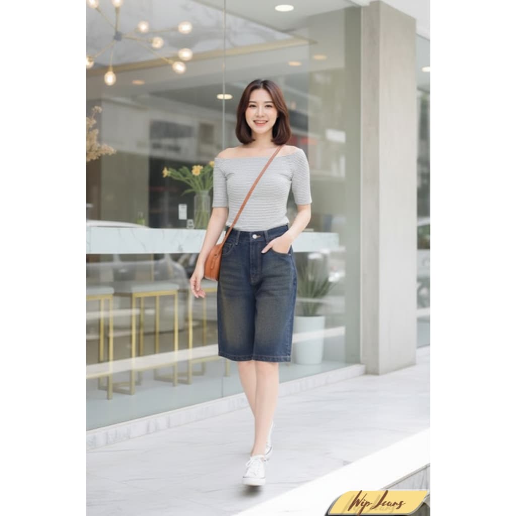 กางเกงยีนส์ขาสั้นทรงบอยยาวเหนือเข่าเอวสูงทรงเป๊ะไซส์ S-3XL ใส่แมตช์ง่ายได้ทุกลุค TK4 รูปที่ 9