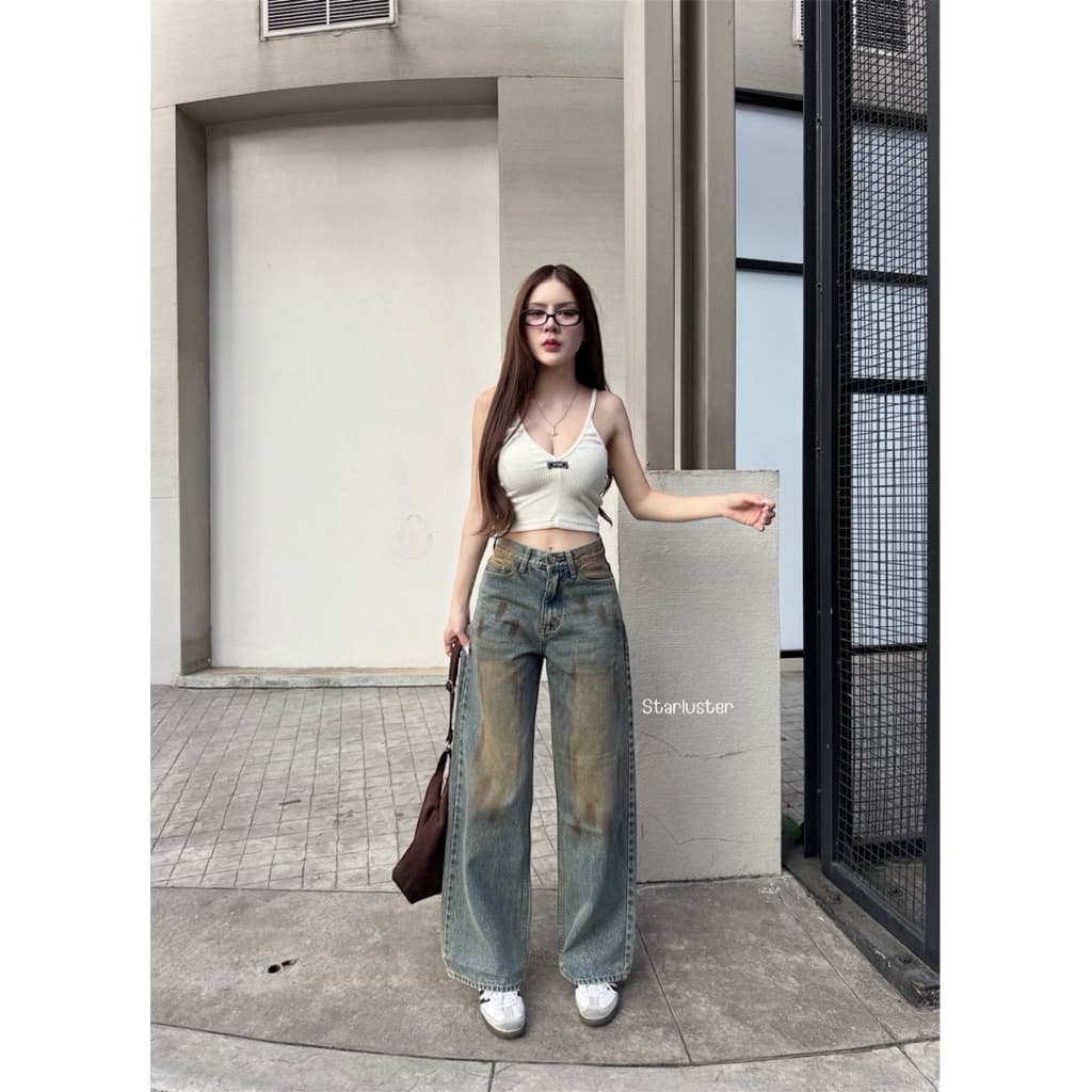 Pravve Jeans กางเกงยีนส์ขากระบอก ผ้าไม่ยืด สีสนิมเปรอะสุดอินเทรนด์ รูปที่ 2