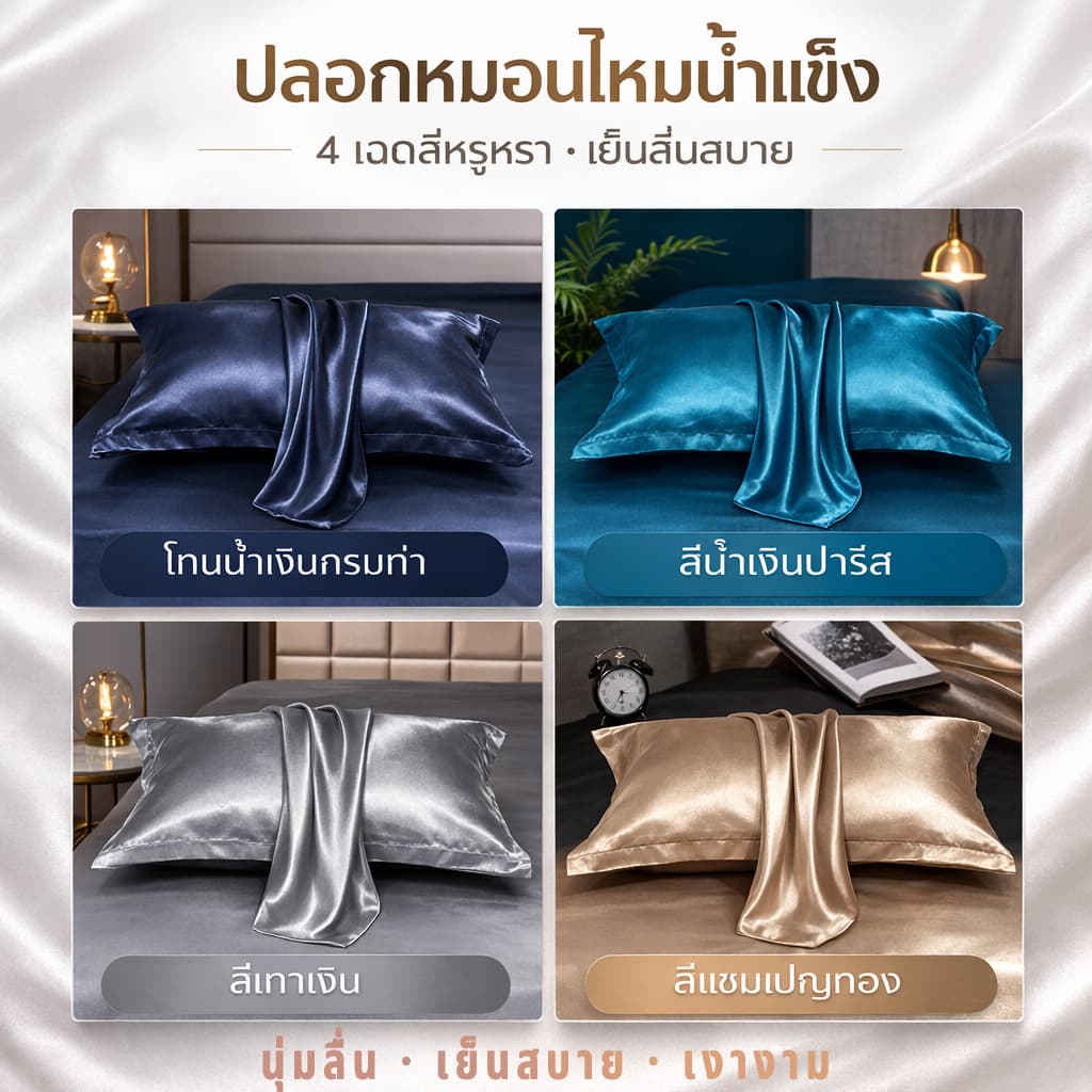 ปลอกหมอนซาติน Satin สีพื้น เย็นลื่นนุ่ม กันไรฝุ่น ปลอกหมอนผ้าไหมเทียม เรียบหรู ไม่ติดขนสัตว์ รูปที่ 5