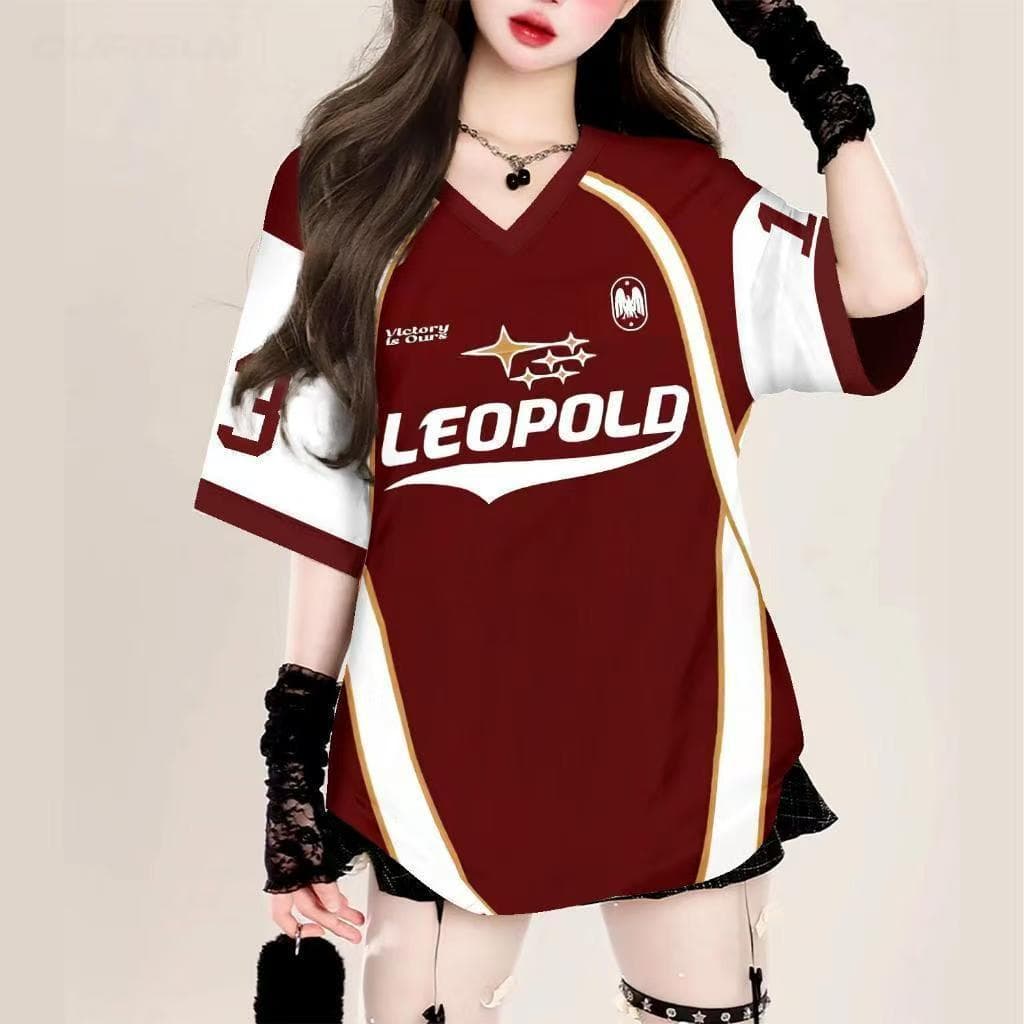 เสื้อยืดเบสบอลคนอ้วนไซส์ใหญ่สำหรับผู้หญิง oversize สกรีนลายเท่ สไตล์​เกาหลี เสื้อโอเวอร์ไซส์กีฬา ฮิปฮอป preppy style 3XL รูปที่ 4
