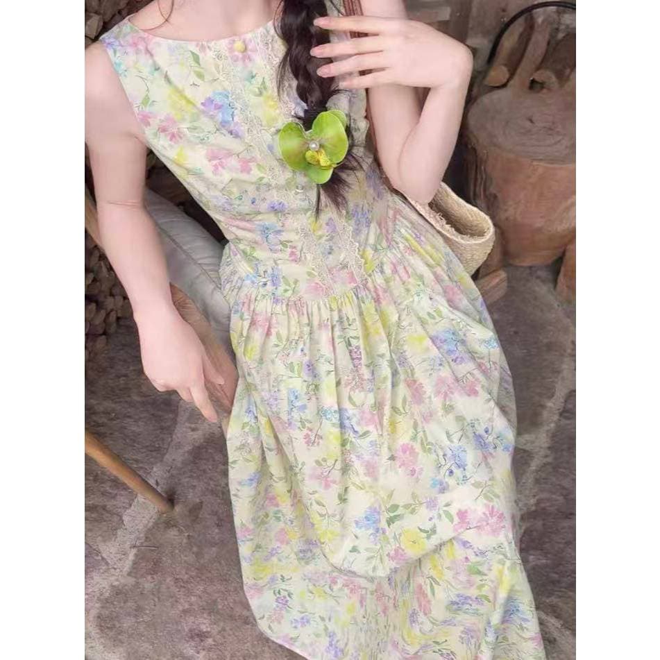 ส่ง เดรสเสื้อกล้ามลายดอกไม้สีสันสดใส สไตล์ฝรั่งเศสชนบท ทรงรัดเอวผอมสง่างาม หลวมสบาย เหมาะท่องเที่ยวฤดูร้อน รูปที่ 5