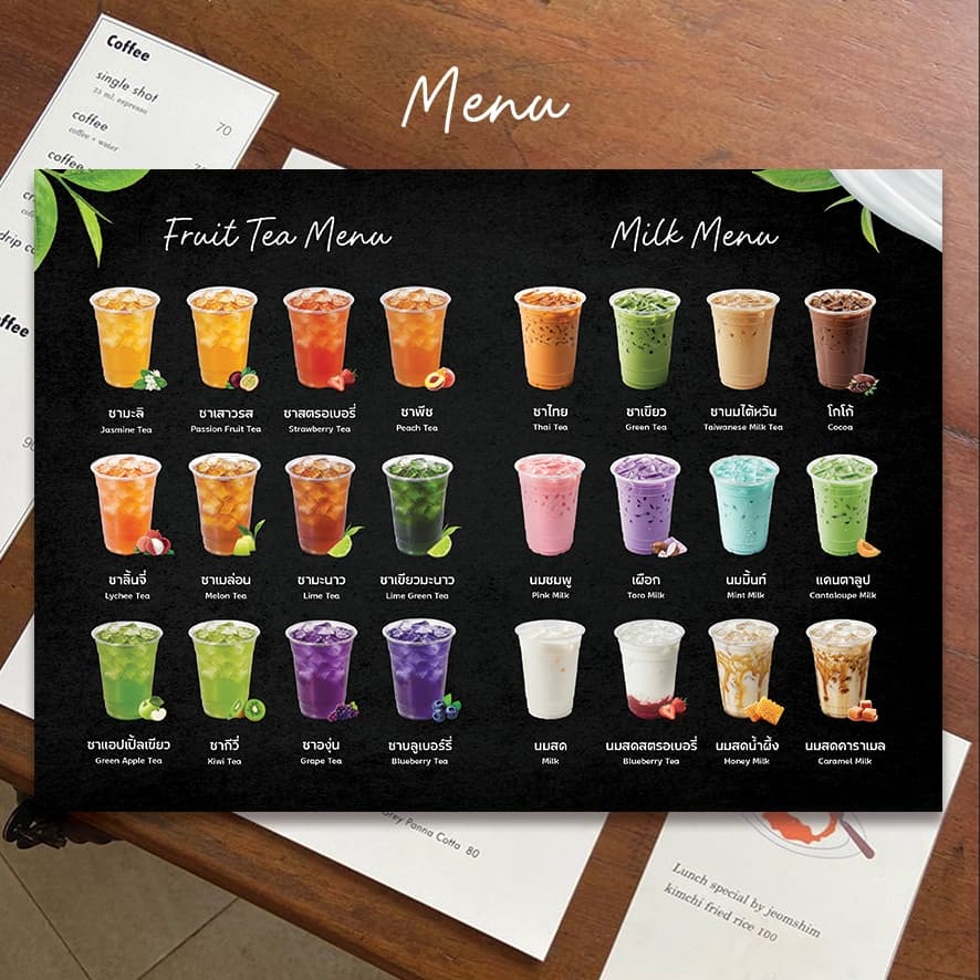 ป้ายเมนูเครื่องดื่มชาผลไม้ / นมสด Tea and Milk Menu มีทั้งพื้นขาวและพื้นดำ ขนาด A4/A3 เคลือบใสกันน้ำ! รูปที่ 3