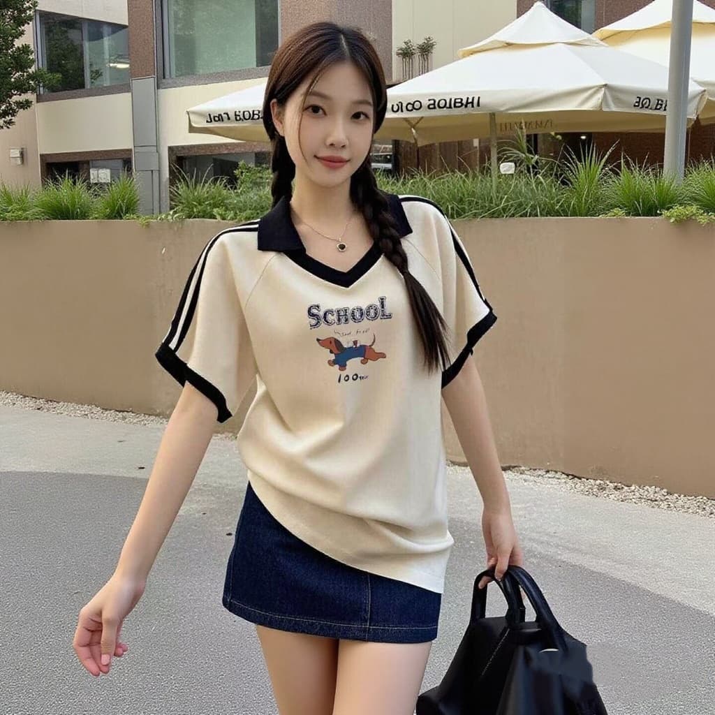 เสื้อปกทรงสเก็ตสวยๆผู้หญิงแฟชั่นมาใหม่ oversize เสื้อผ้าสาวอวบไซส์ใหญ่น่ารัก เสื้อยืดคอวีทรงหลวมสไตล์เกาหลี preppy style รูปที่ 3