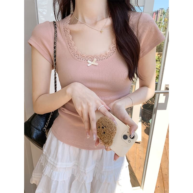Hotgirl จากกทม เสื้อยืดแขนสั้นคอกลมลายลูกไม้สีขาวสำหรับผู้หญิง Y2Kเสื้อครอปทรงเข้ารูป รูปที่ 9