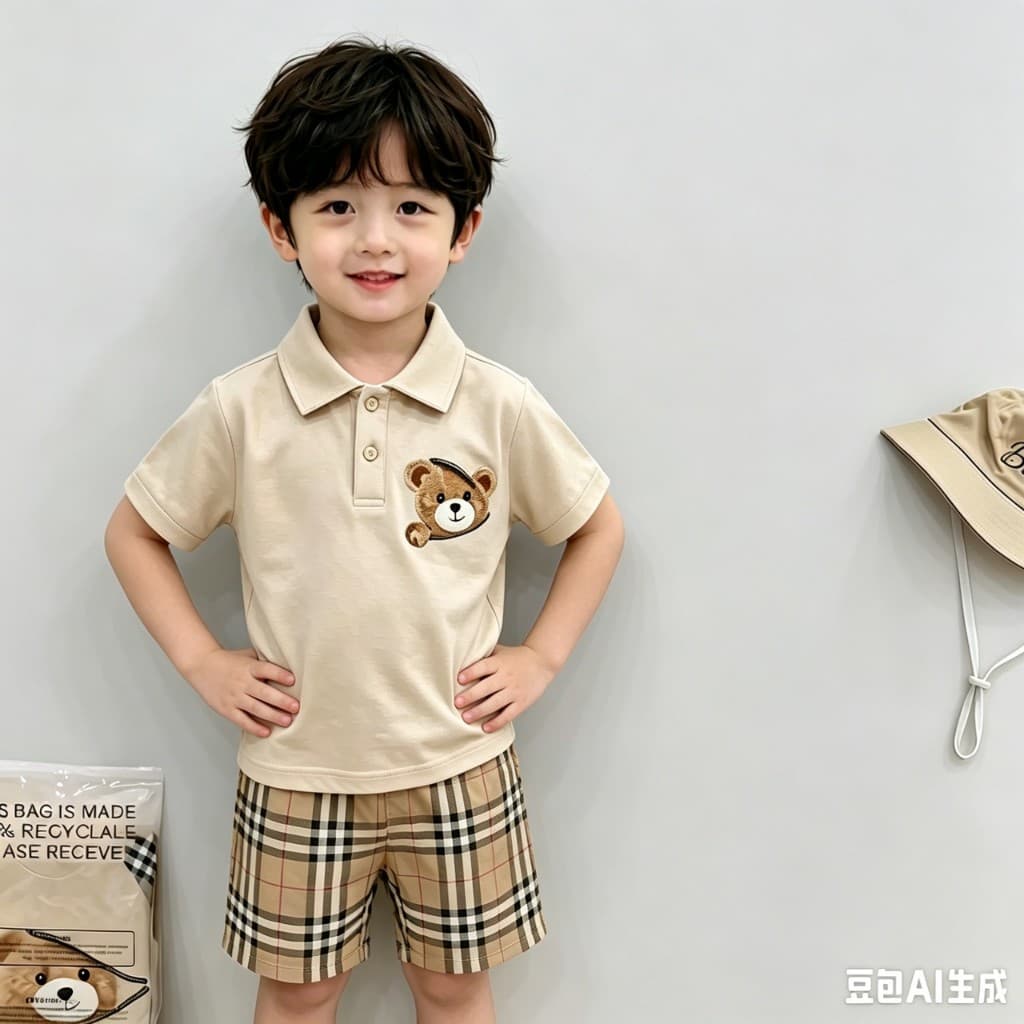 BB259 ชุดเซ็ตเด็ก ลายหมี Polo + กางเกงขาสั้นลายสก็อต ใส่เที่ยว/ออกงาน รูปที่ 7