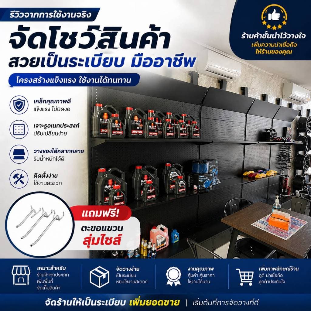 ชั้นแขวนโชว์สินค้า ชั้นวางเครื่องมือ ชั้นขายของ ขนาด93*35*200 cm.สีดำแถมตะขอให้1-2อันคะ รูปที่ 1