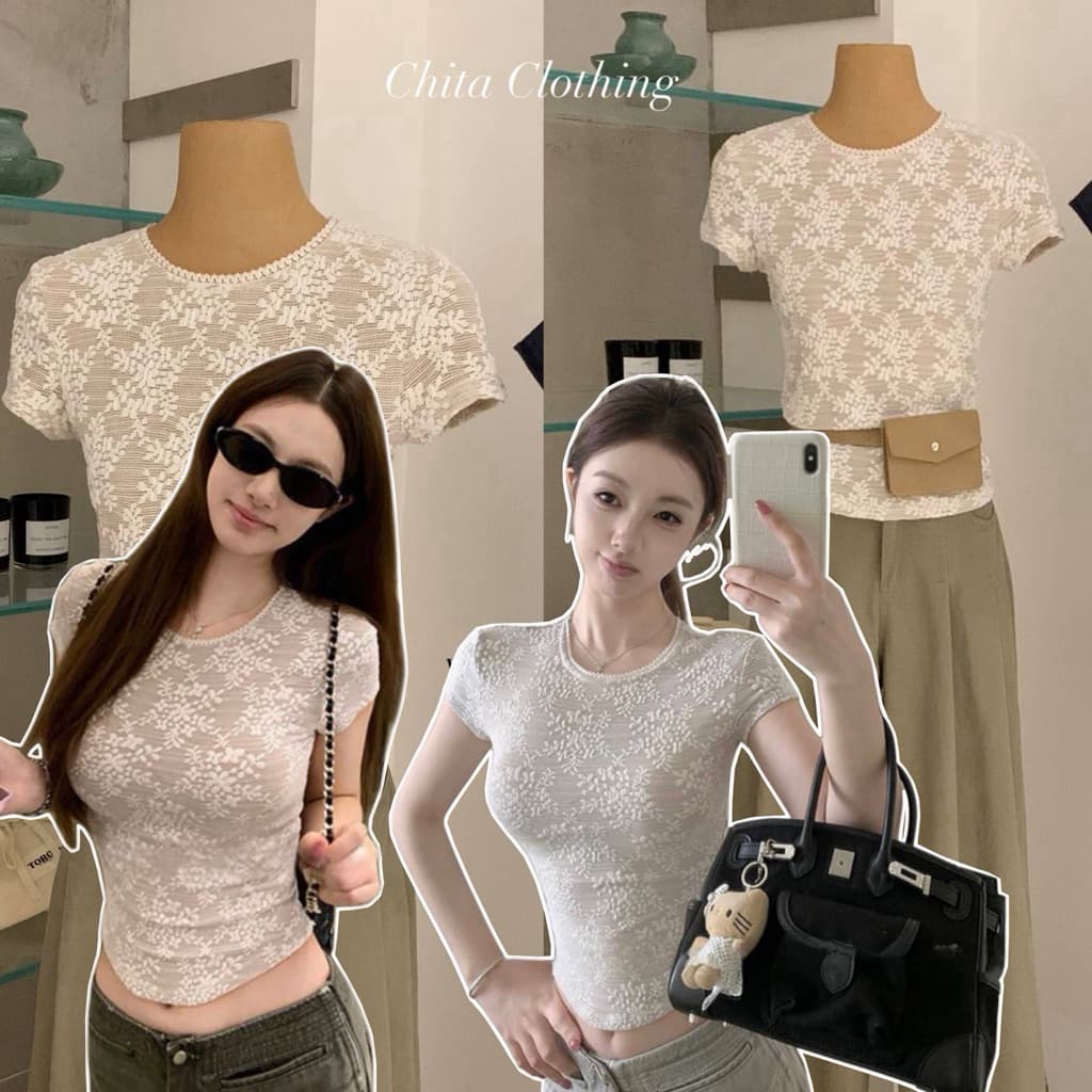 9273 เสื้อลูกไม้ซีทรูทอฉลุลาย 3D สวยปราณีต ทรงเข้ารูปสลิมฟิตเป๊ะ ดีเทลคอกลมกุ๊นขอบหยักสุดคิ้วท์ เนื้อผ้านิ่ม รูปที่ 1