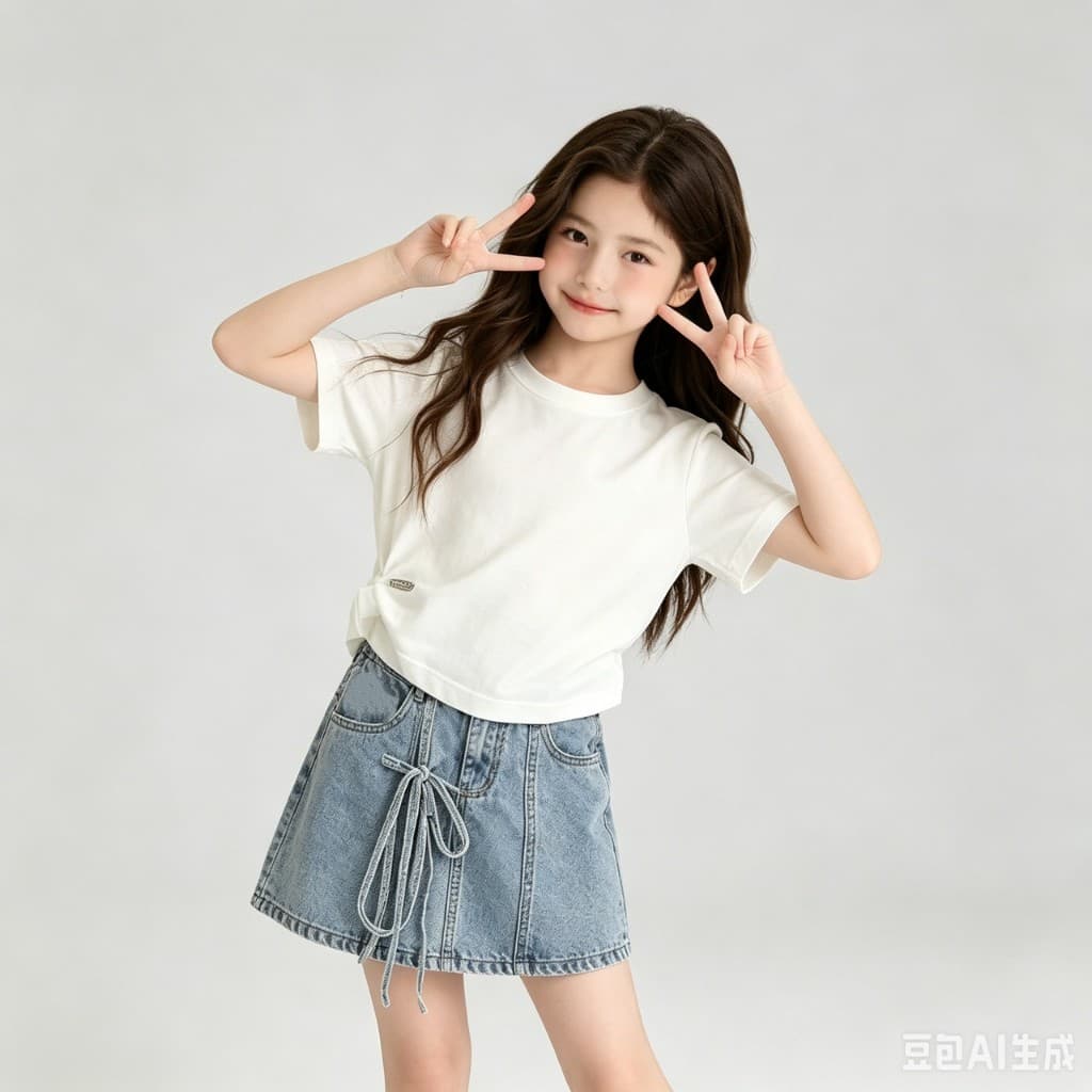 MC269 ชุดเด็กผู้หญิงสไตล์เกาหลี เสื้อยืดขาว กระโปรงยีนส์แต่งเชือก รูปที่ 3