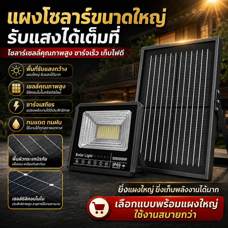 ไฟโซล่าเซลล์ 5000000W โซล่าเซลล์ กันน้ำ กันฟ้าผ่า Solar Light สว่างอัตโนมัติเมื่อฟ้ามื รูปที่ 8