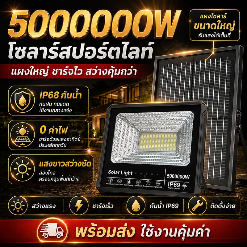 ไฟโซล่าเซลล์ 5000000W โซล่าเซลล์ กันน้ำ กันฟ้าผ่า Solar Light สว่างอัตโนมัติเมื่อฟ้ามื รูปที่ 1