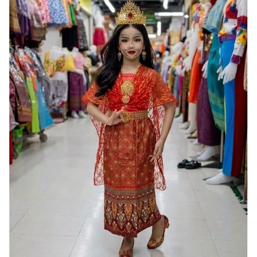 ชุดไทยนางยักษ์เด็ก ชุดนางผีเสื้อสมุทร ชุดวันภาษาไทย ชุดตัวละครในวรรณคดี(ได้ผ้าถุง+เสื้อเกาะอก+สใบ+เข็มขัด+เข็มกลัด) รูปที่ 3