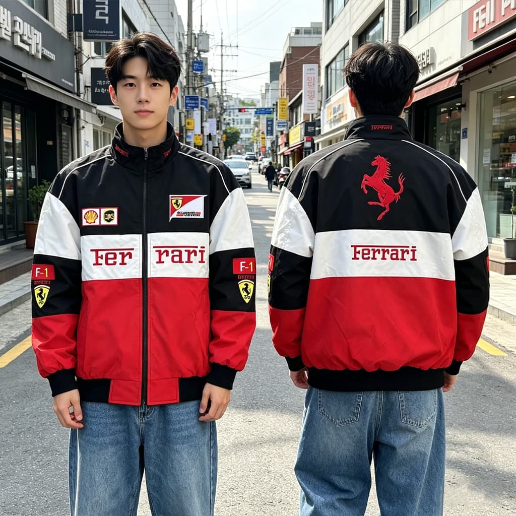 F1 Ferrari แจ็คเก็ต เสื้อแข่งรถ ลำลอง อเมริกันย้อนยุค ปักลาย กันลม แบบมีซิป สำหรับผู้ชายผู้หญิง รูปที่ 2