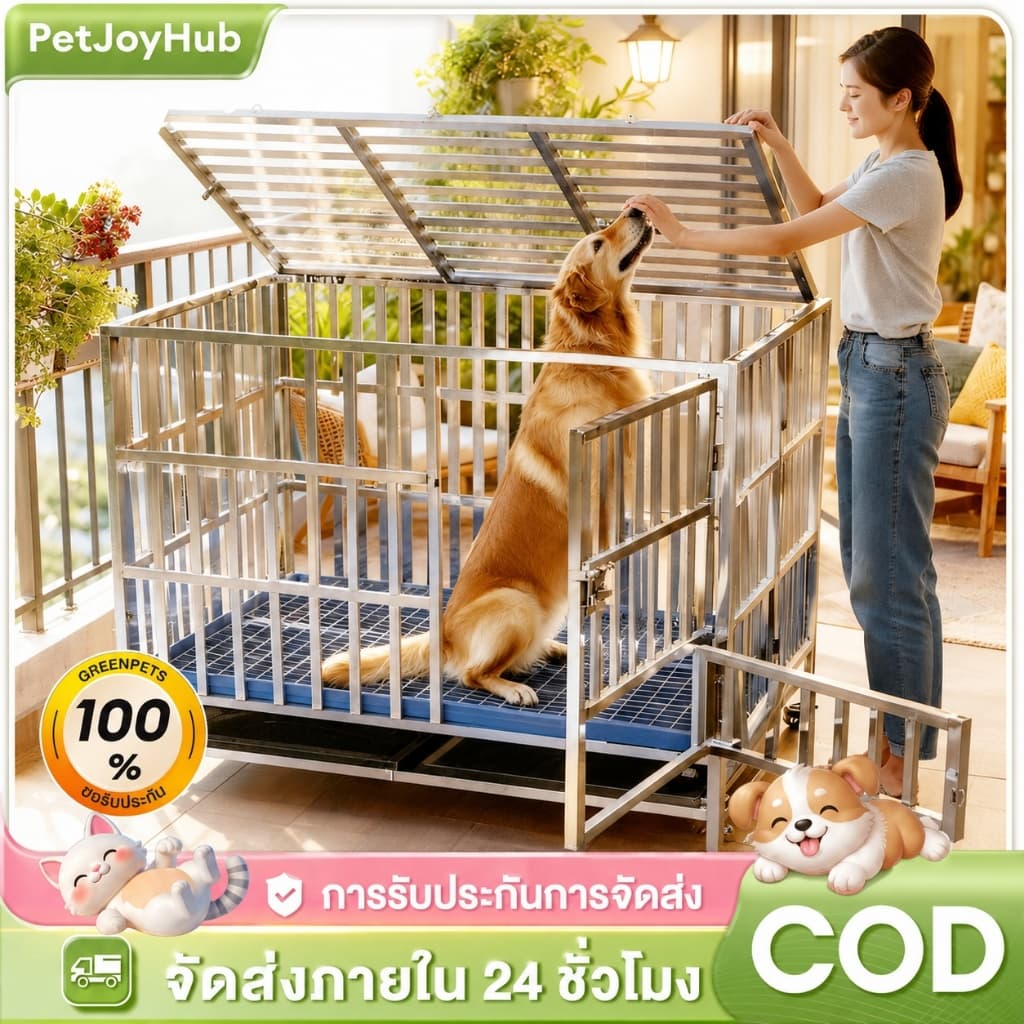 กรงสัตว์เลี้ยง กรงหมา พับได้ กรงสุนัขสแตนเลส 304 กรงสัตว์เลี้ยง แข็งแรง กรงสุนัขใหญ่ ฟรีแผ่น พาเลท รูปที่ 1