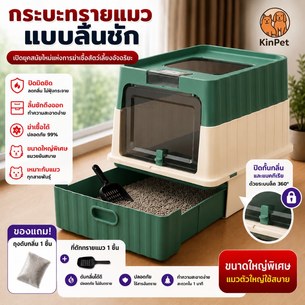 กระบะทรายแมวมีลิ้นชัก มีฝาปิด กันกลิ่น สีพาสเทล พร้อมที่ตักทราย แถมฟรีถุงดับกลิ่น ทำความสะอาดง่าย พื้นที่กว้าง จุดได้เยอ รูปที่ 3