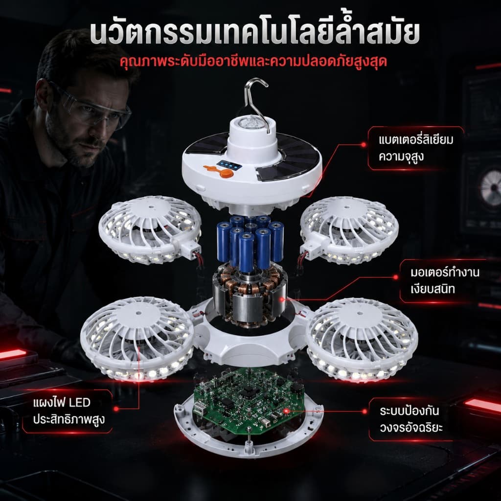 พับเก็บได้ หลอดไฟพกพา พัดลมโซล่าเซลล์ โซล่าเซลล์ Solar Light LED รับแสงได้ ชาร์จได้ 2 แบบ พัดลมพกพาไฟฉุกเฉิน fan รูปที่ 5