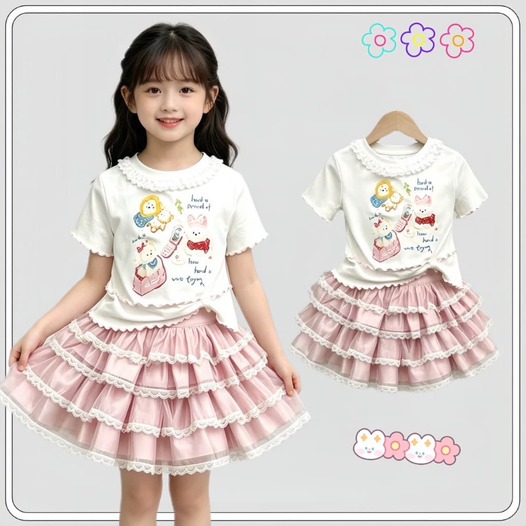 MC282 เซ็ตเสื้อยืดเด็กผู้หญิง + กระโปรงฟูฟ่อง ลูกไม้หวานๆ รูปที่ 1