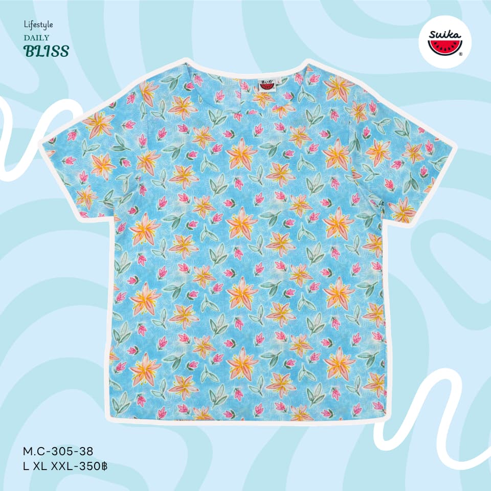 เสื้อแตงโม - เสื้อผ้าป่านมัสลิน คอปาดกระดุมหลัง 3 เม็ด แขนสั้น ลายดอกไม้ รูปที่ 7