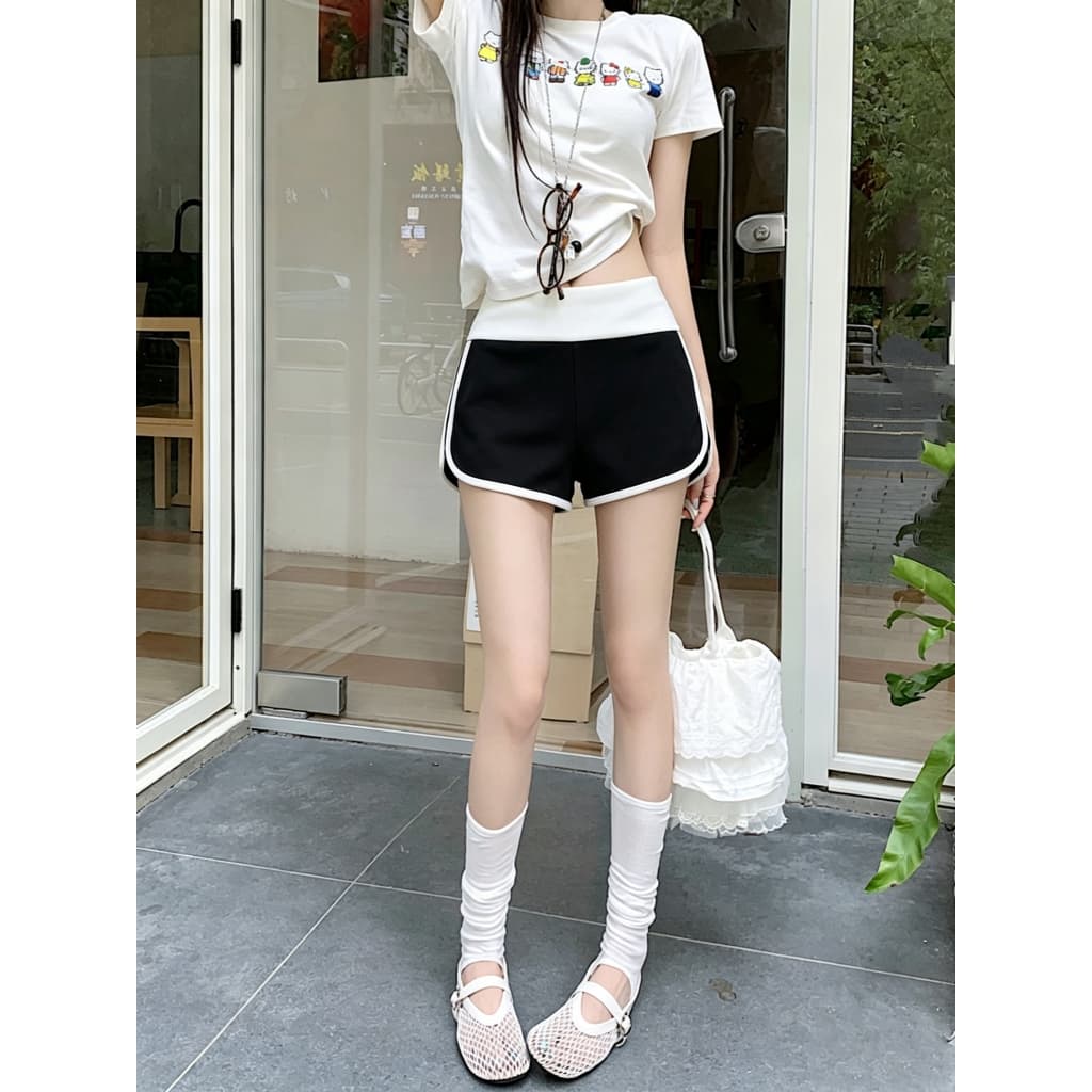 กางเกงเอวพับ กางเกงขาสั้น สีพื้น สาวฮอตต้องมี โปร่งสบาย ไม่อึดอัด#0359 รูปที่ 7