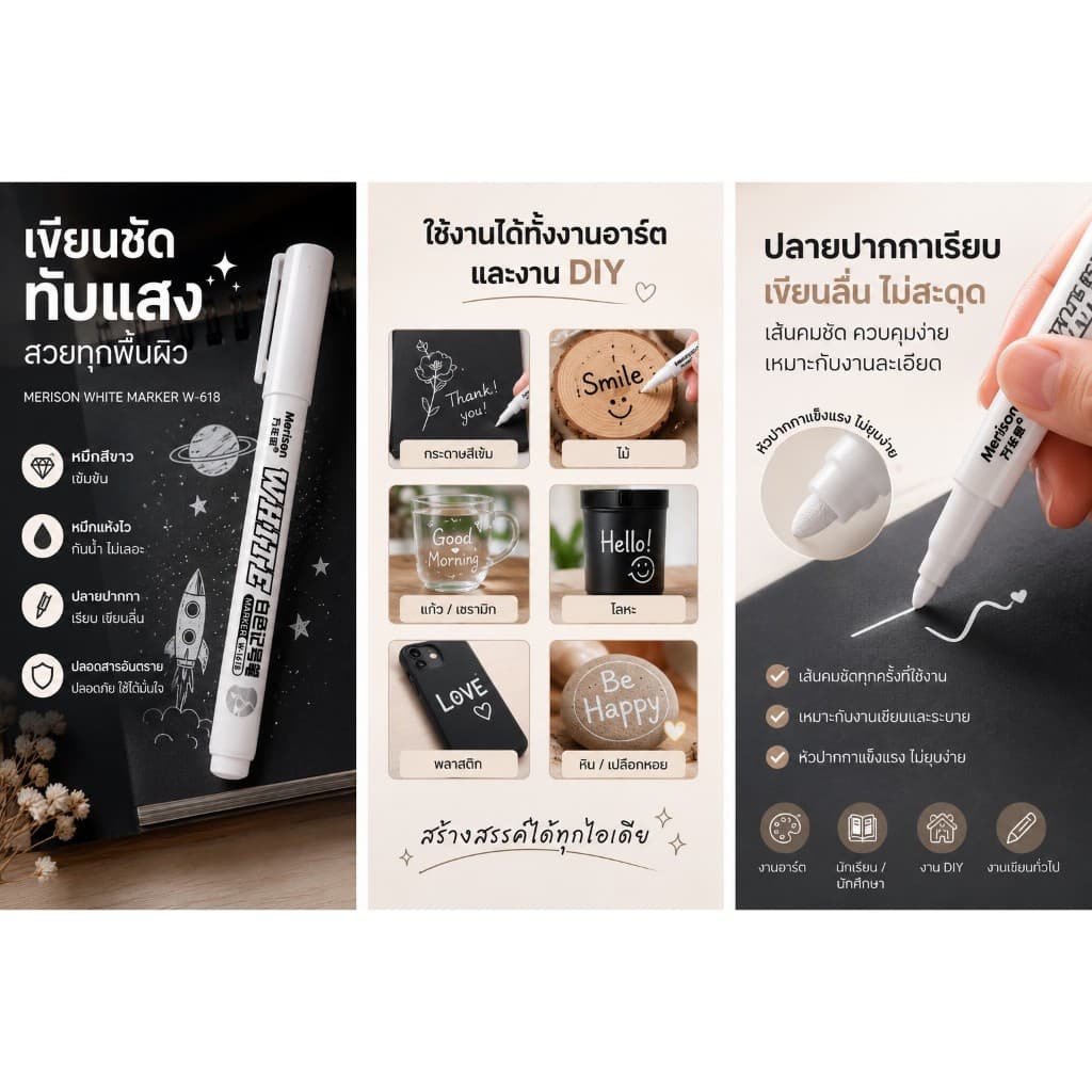 ปากกาเขียนสีขาว Paint Marker ปิดเลขระบายสีตามตัวเลข ปากกาเพ้นท์สีขาว แห้งไวกันน้ำ สำหรับงานอาร์ต รูปที่ 2