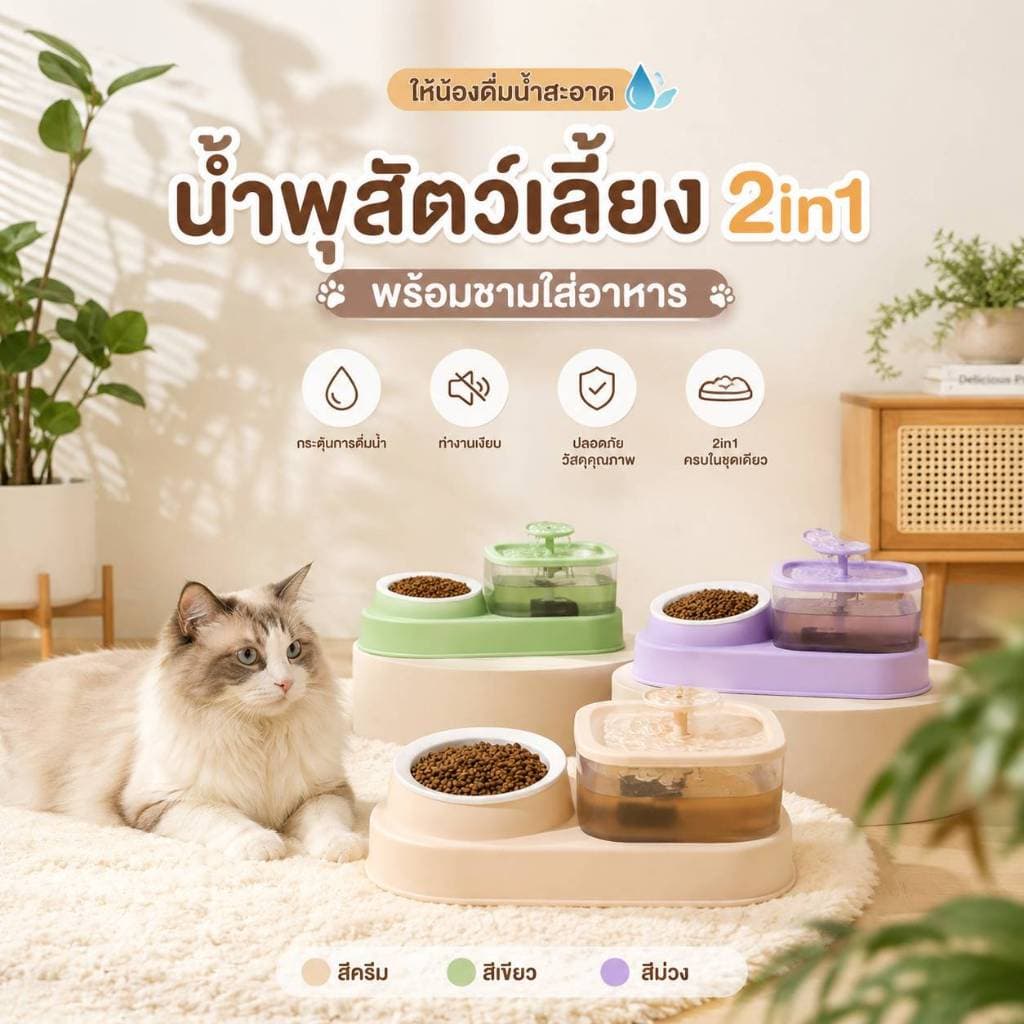 Boqi Factory น้ำพุสัตว์เลี้ยง 2 in 1 พร้อม ชามอาหารเดี่ยว ที่ให้น้ำอัตโนมัติ KPL005 รูปที่ 6
