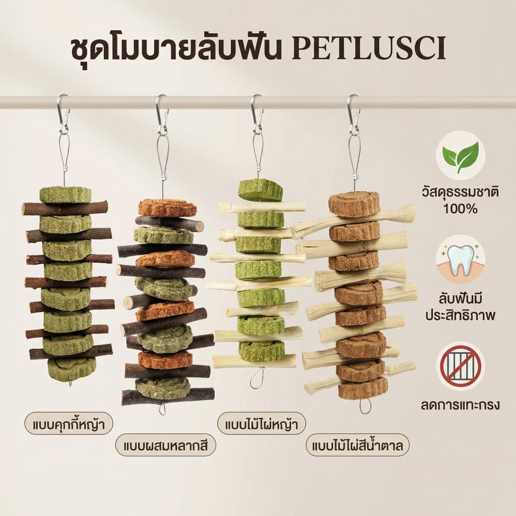 PETLUSCI® โมบาย ของเล่นลับฟัน ของเล่นกระต่าย ไม้ลับฟันกระต่ายและคุ้กกี้หญ้า ของเล่นกระต่าย โมบายไม้แอปเปิ้ล ไม้ไผ่หวาน รูปที่ 7