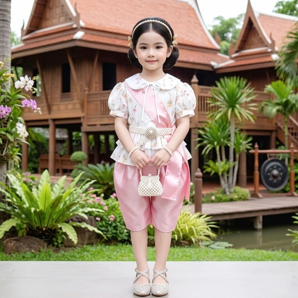 ชุดไทยเด็ก รุ่นโจงกระเบน+เสื้อแขนตุ๊กตาลายดอกไม้+สไบ รวม 3 ชิ้น ***ไม่รวมเครื่องประดับ*** รูปที่ 3