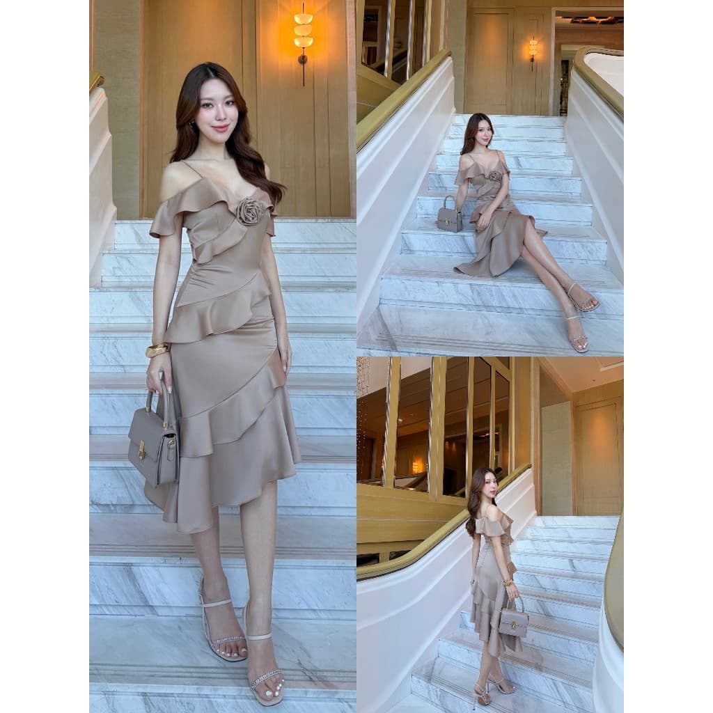 ชุดออกงาน ชุดเพื่อนเจ้าสาว koolykool สายเดี่ยวระบายอ้อมแขนระบายกลางหน้ากระโปรงย้วยผ้าเครบซาตินแถมเข้มกลัดดอกไม้ THO00 รูปที่ 5